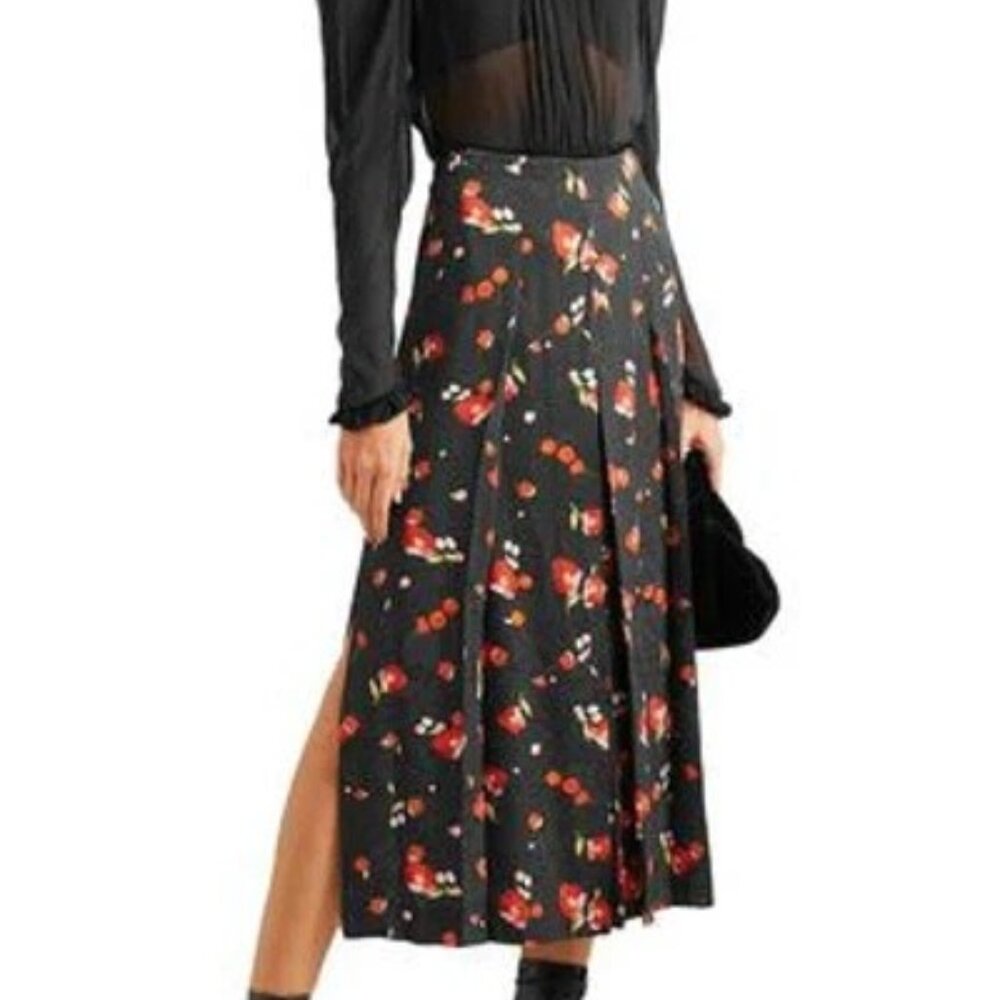 Vilshenko Women's Keely Floral Jacquard Midi Skirt Pleated 4 Slits UK 12 or US 8